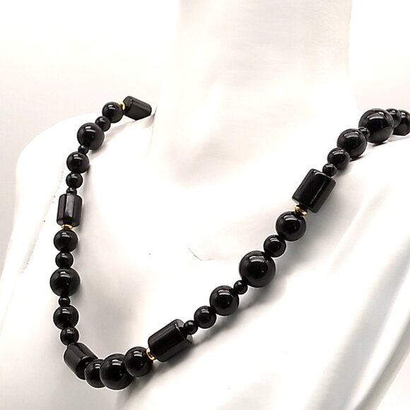 Monet Black Lucite Beaded Gold-tone Accent Necklace Sister Clasp Lightweight NWO - Picture 1 of 9